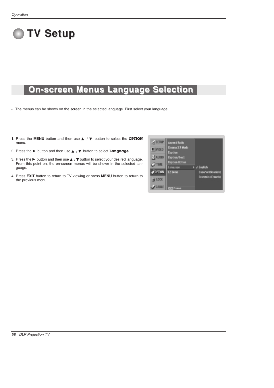 Tv setup, On-screen menus language selection | LG 52SX4D User Manual | Page 58 / 104