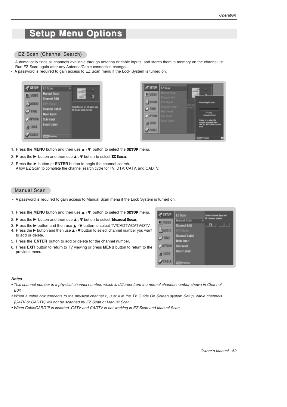 Setup menu options, Manual scan, Ez scan (channel search) | LG 52SX4D User Manual | Page 59 / 104
