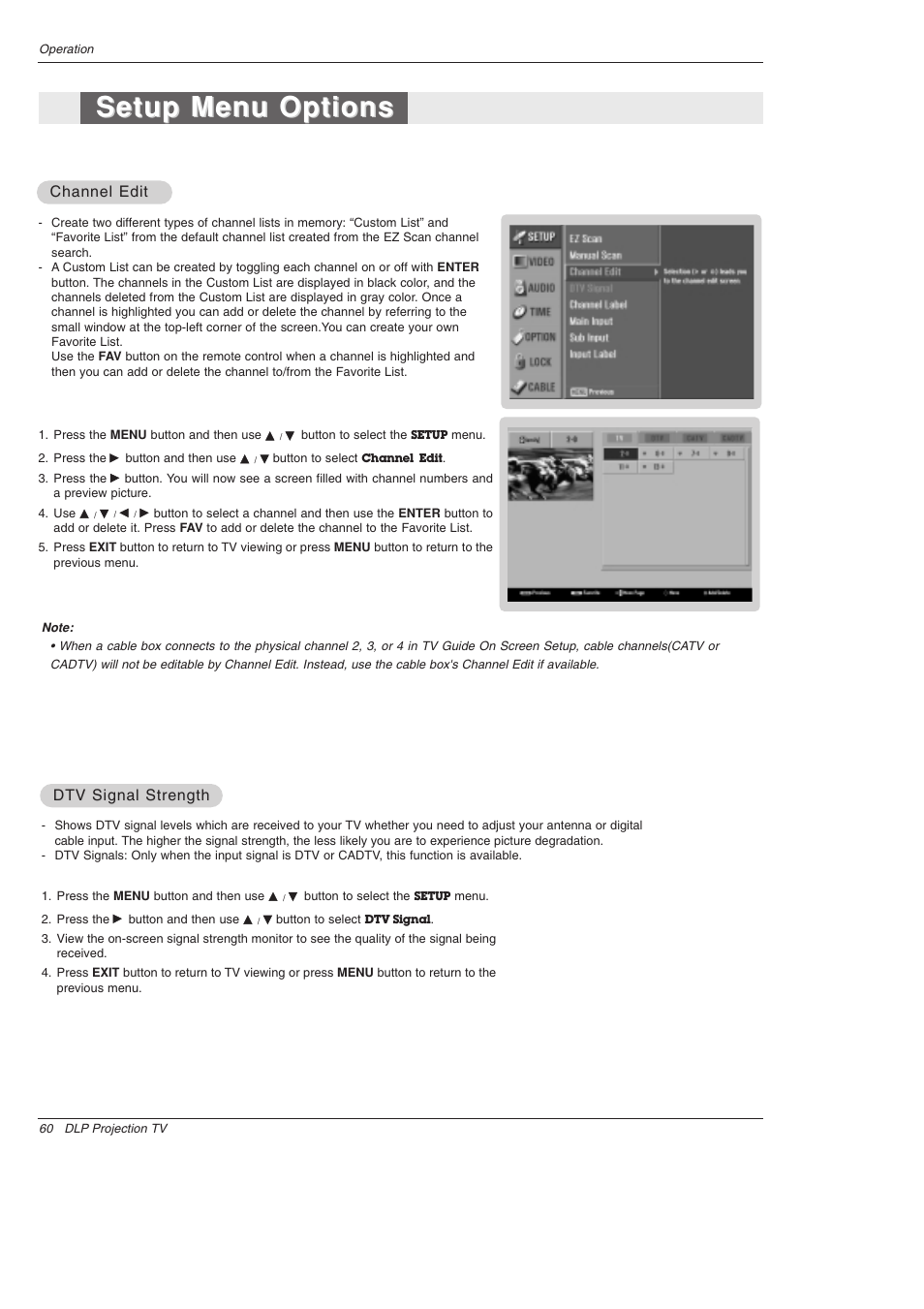 Setup menu options, Channel edit, Dtv signal strength | LG 52SX4D User Manual | Page 60 / 104