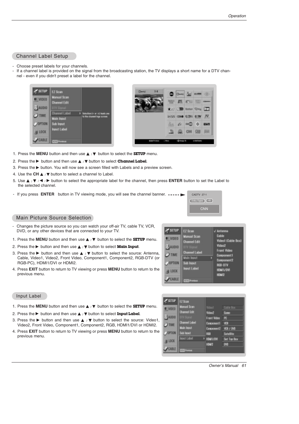 Main picture source selection, Channel label setup | LG 52SX4D User Manual | Page 61 / 104