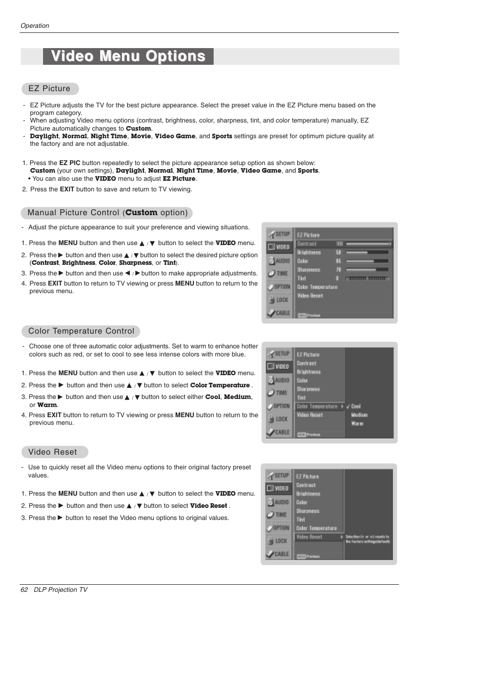 Video menu options ideo menu options, Ez picture, Option) | Video reset ideo reset, Color, Color t t emperature control emperature control | LG 52SX4D User Manual | Page 62 / 104