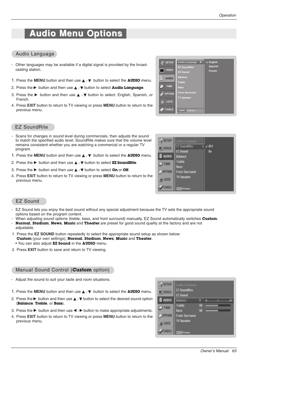 Audio menu options, Ez sound, Manual sound control | Option), Audio language, Ez soundrite | LG 52SX4D User Manual | Page 63 / 104