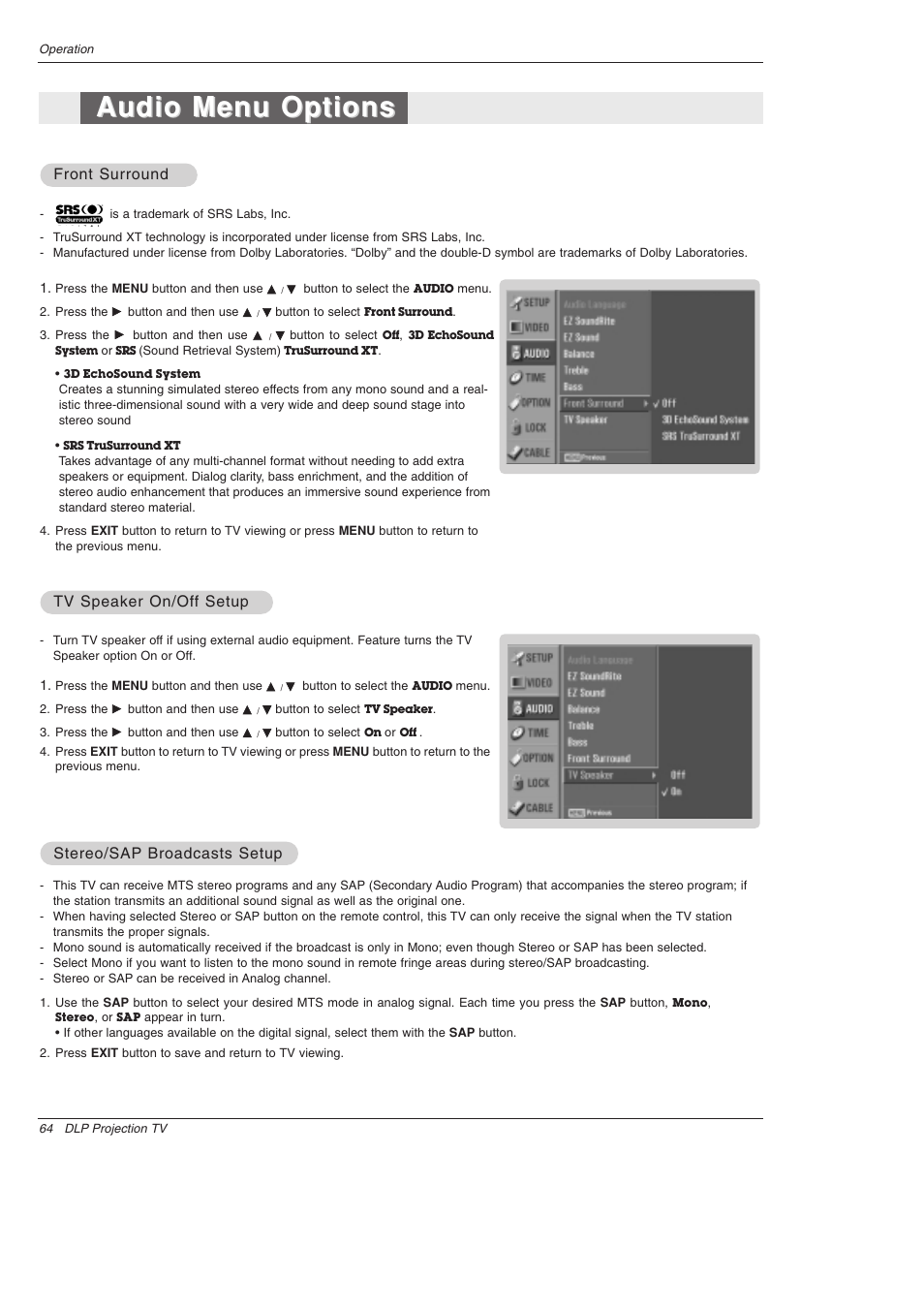 Audio menu options, Front surround, Tv speaker on/of | Tv speaker on/of f setup f setup, Stereo/sap, Stereo/sap broadcasts setup broadcasts setup | LG 52SX4D User Manual | Page 64 / 104