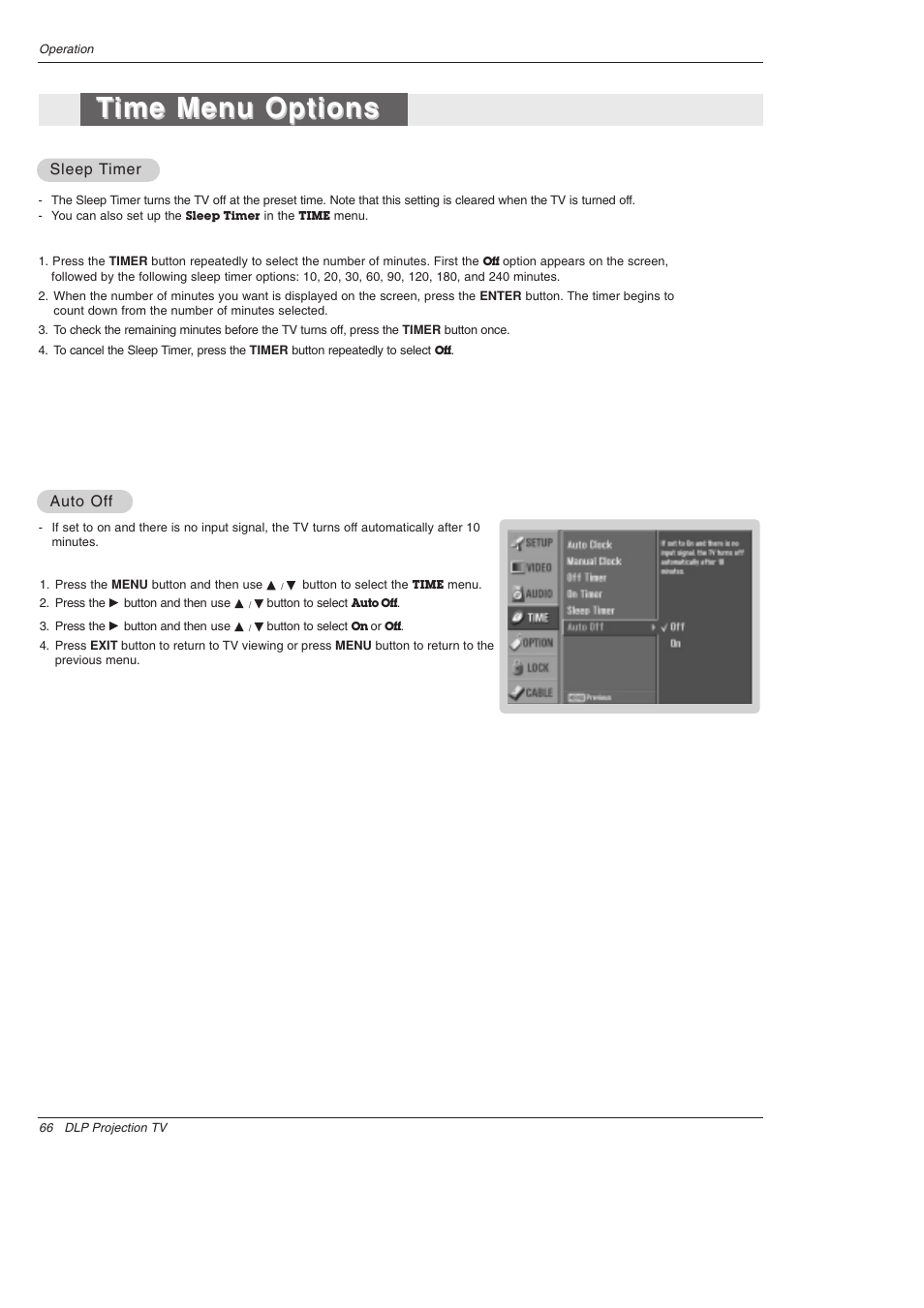 Time menu options ime menu options | LG 52SX4D User Manual | Page 66 / 104