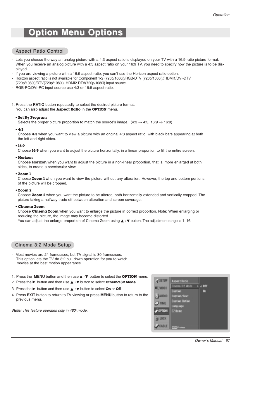Option menu options, Cinema 3:2 mode setup, Aspect ratio control | LG 52SX4D User Manual | Page 67 / 104