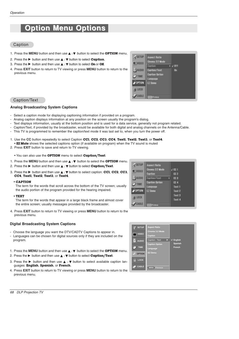 Option menu options, Caption, Caption/t | Caption/t ext ext | LG 52SX4D User Manual | Page 68 / 104
