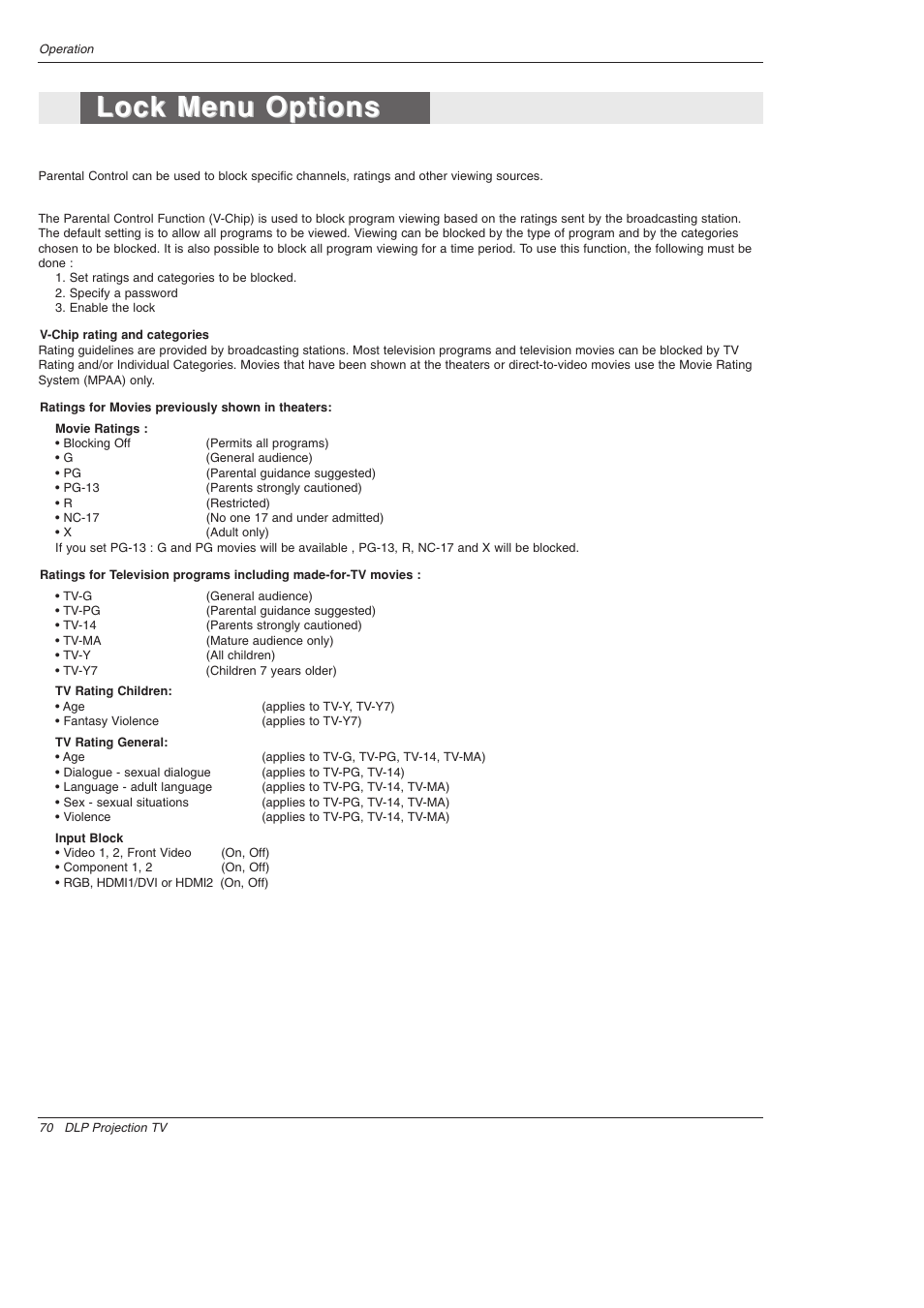 Lock menu options | LG 52SX4D User Manual | Page 70 / 104