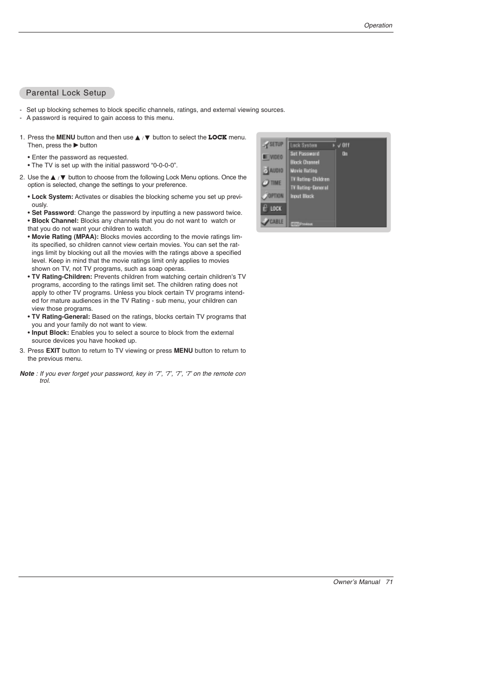 Parental lock setup | LG 52SX4D User Manual | Page 71 / 104