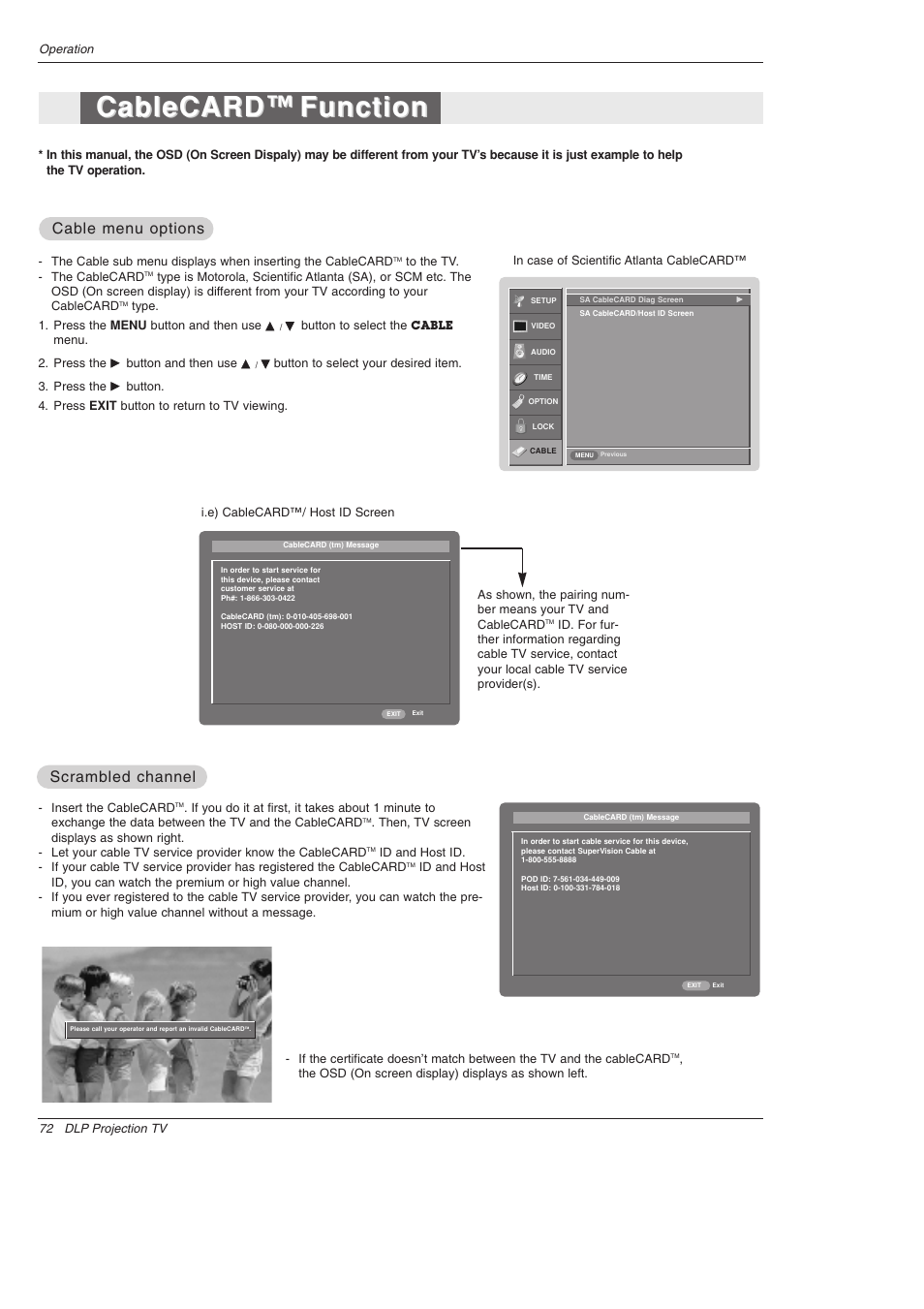 Cablecard, Cablecard ™ ™ function function, Cable menu options | Scrambled channel | LG 52SX4D User Manual | Page 72 / 104