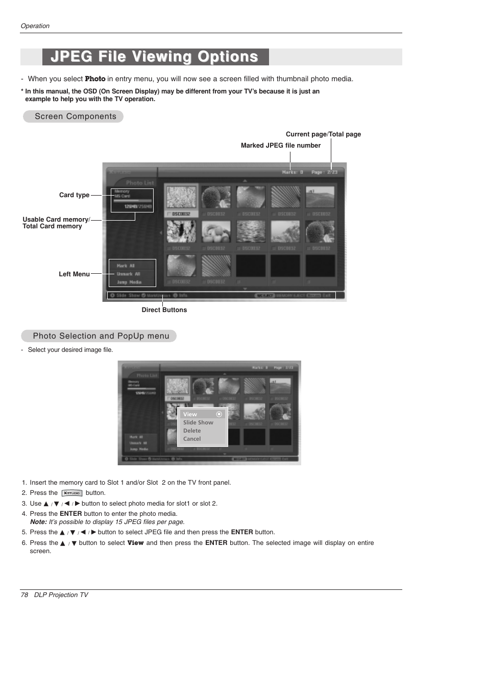 Jpeg file v, Jpeg file v iewing options iewing options | LG 52SX4D User Manual | Page 78 / 104