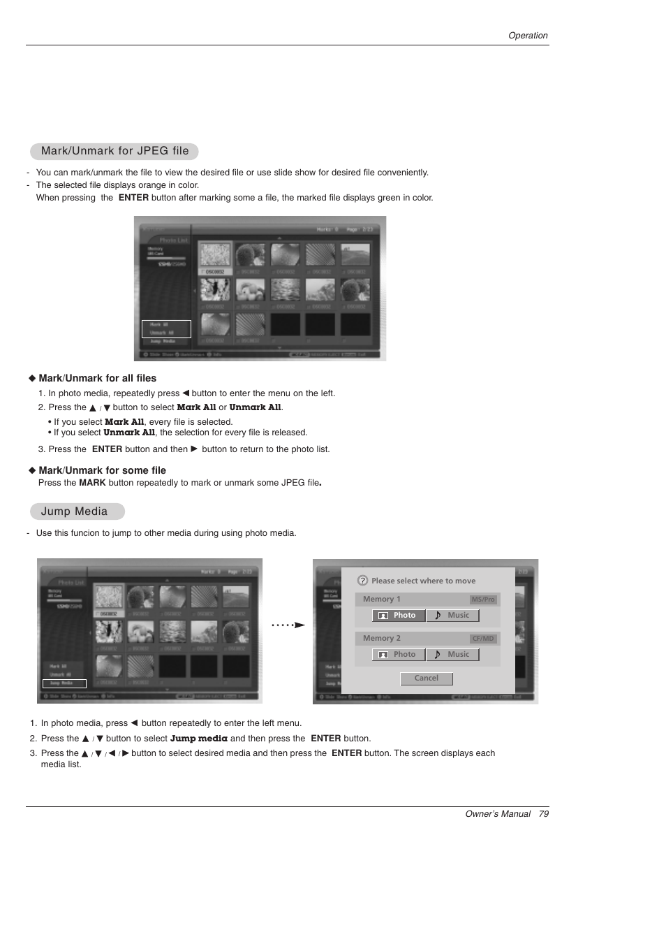 Mark/unmark for jpeg file, Jump media | LG 52SX4D User Manual | Page 79 / 104