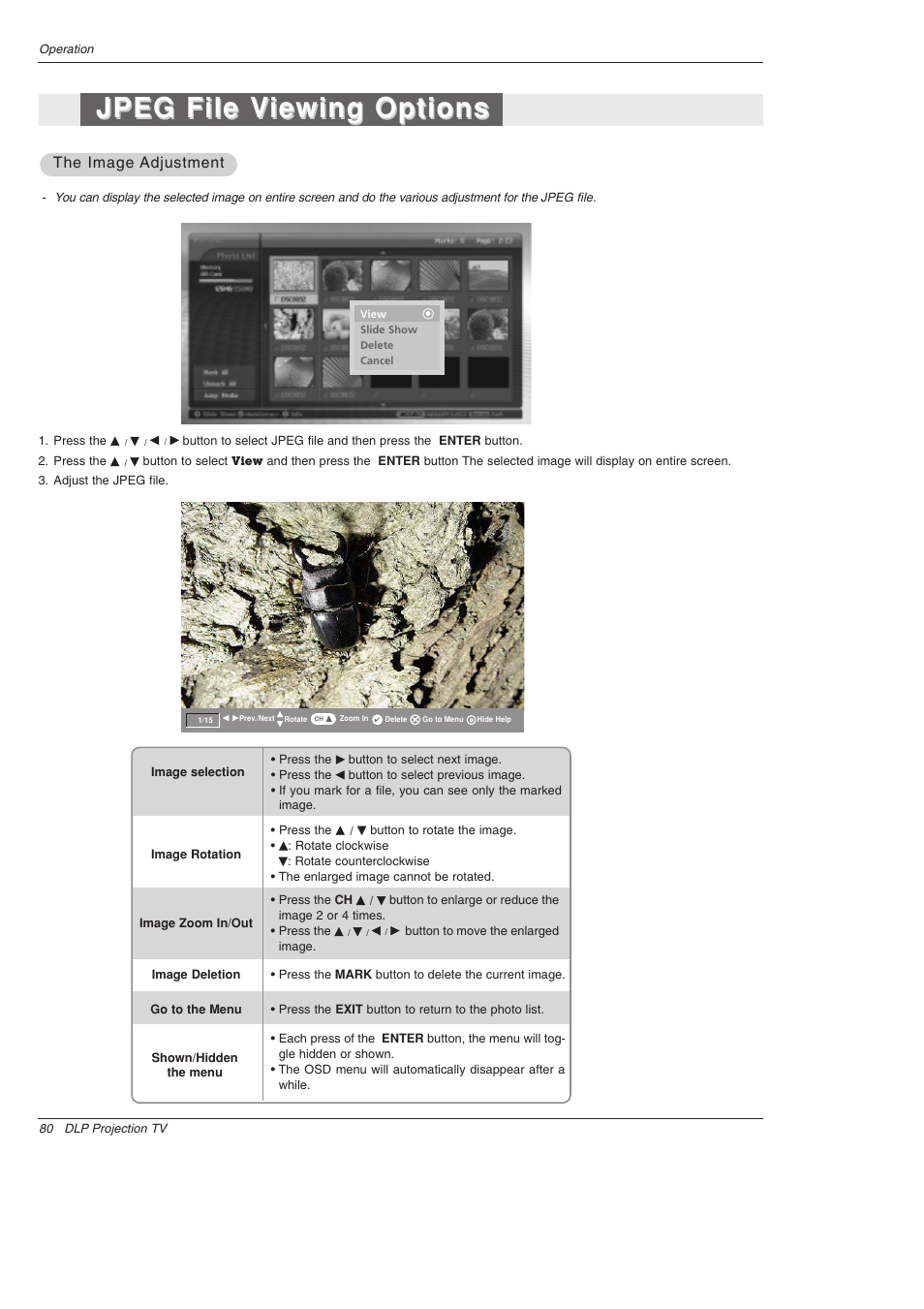 Jpeg file v, Jpeg file v iewing options iewing options, The image | The image adjustment adjustment | LG 52SX4D User Manual | Page 80 / 104