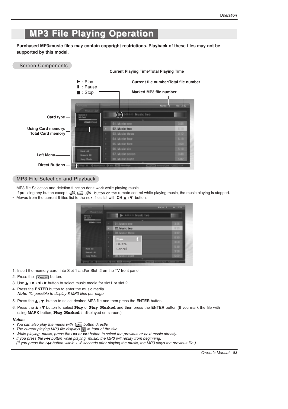 Mp3 file playing operation, Screen components, Mp3 file selection and playback | LG 52SX4D User Manual | Page 83 / 104