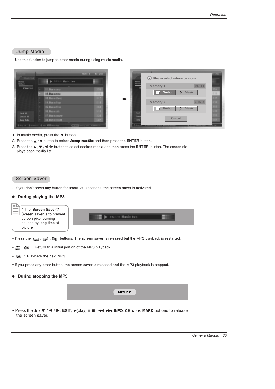 Jump media, Jump media screen saver screen saver | LG 52SX4D User Manual | Page 85 / 104