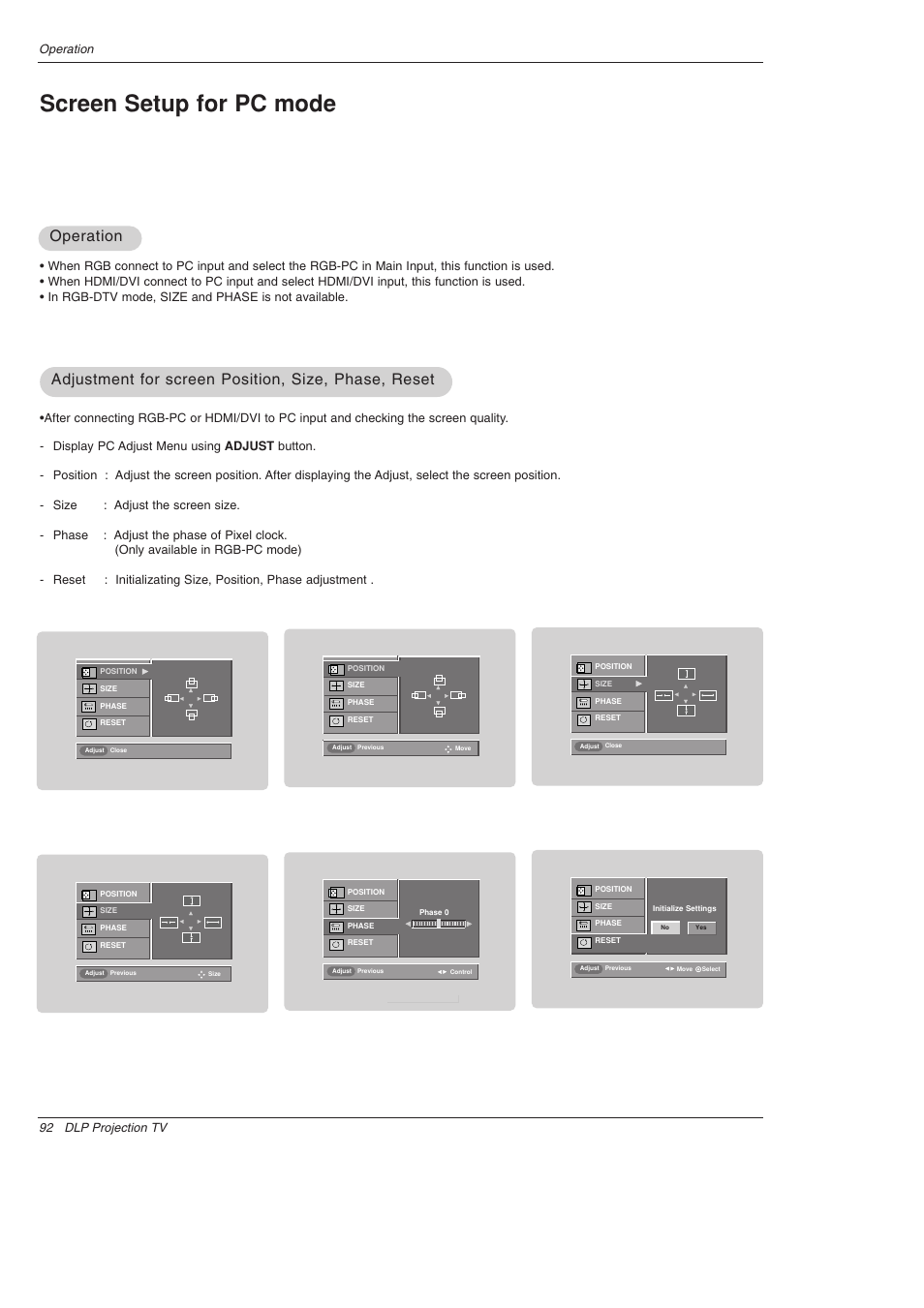 Screen setup for pc mode, Operation, 92 dlp projection tv operation | LG 52SX4D User Manual | Page 92 / 104
