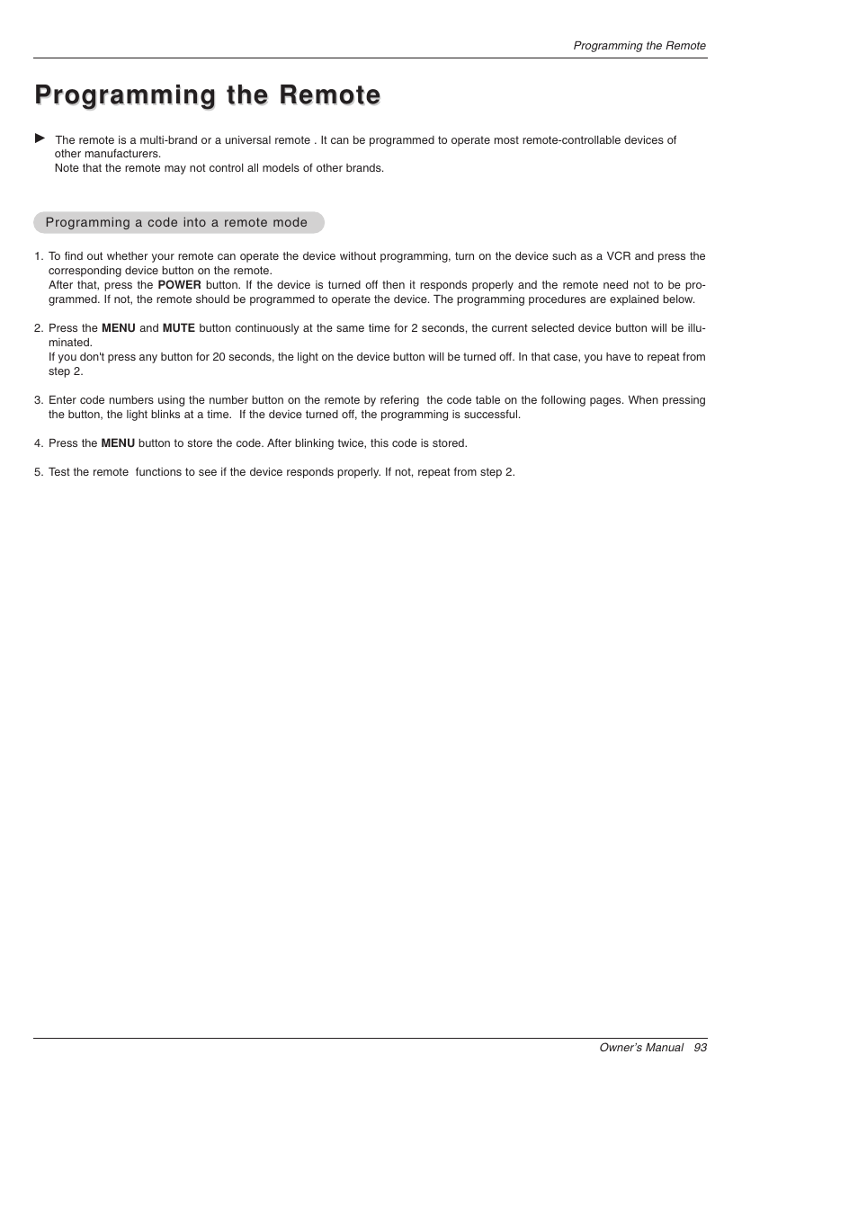 Programming the remote | LG 52SX4D User Manual | Page 93 / 104