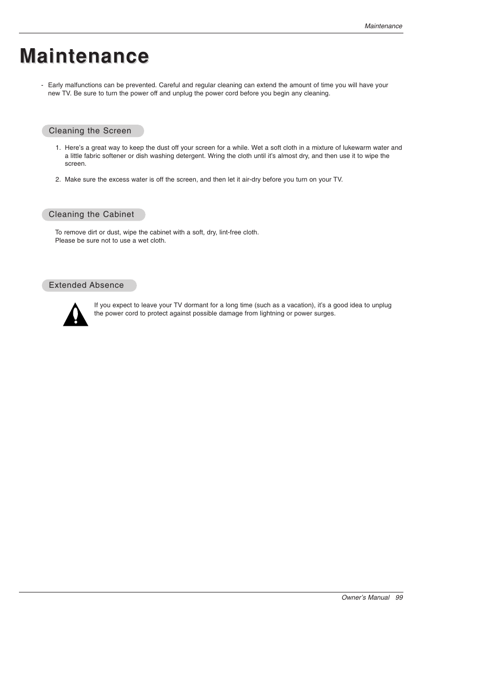 Maintenance | LG 52SX4D User Manual | Page 99 / 104