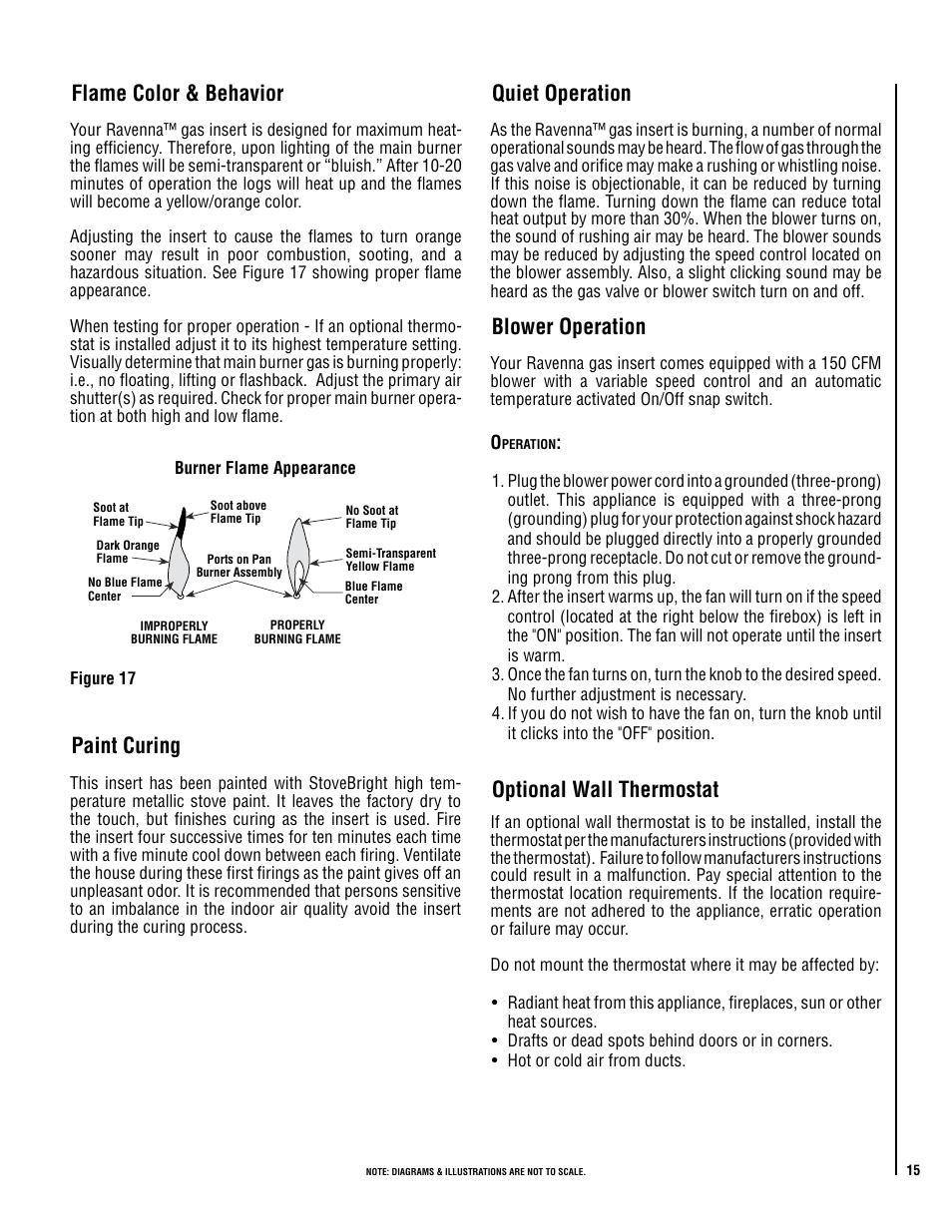 Flame color & behavior, Paint curing, Quiet operation | Blower operation, Optional wall thermostat | LG RAVENNA RDV33\40 User Manual | Page 15 / 24