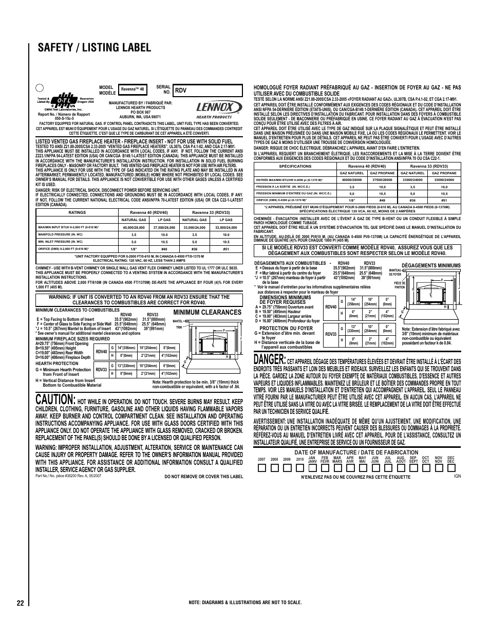 Caution, Danger, Safety / listing label | Minimum clearances | LG RAVENNA RDV33\40 User Manual | Page 22 / 24