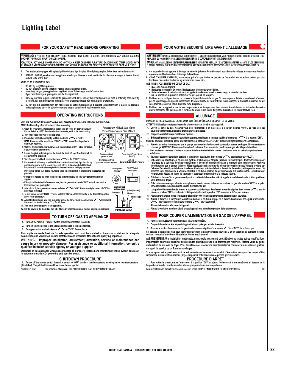 Lighting label, For your safety read before operating, Shutdown procedure operating instructions | Pour couper l’alimentation en gaz de l’appareil, Procédure d’arrêt allumage | LG RAVENNA RDV33\40 User Manual | Page 23 / 24