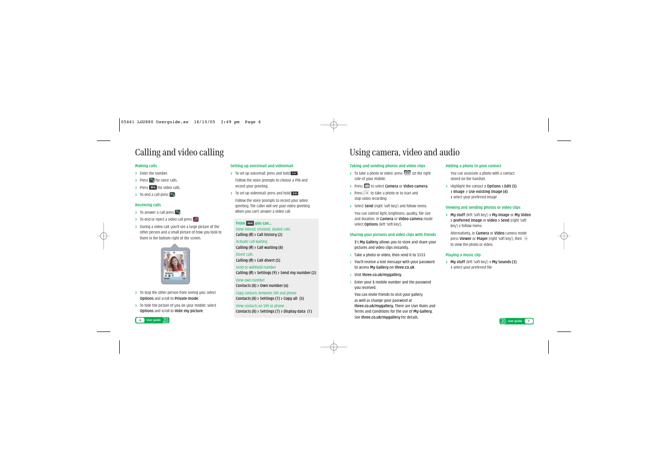 Using camera, video and audio, Calling and video calling | LG Discover U8803 User Manual | Page 5 / 8