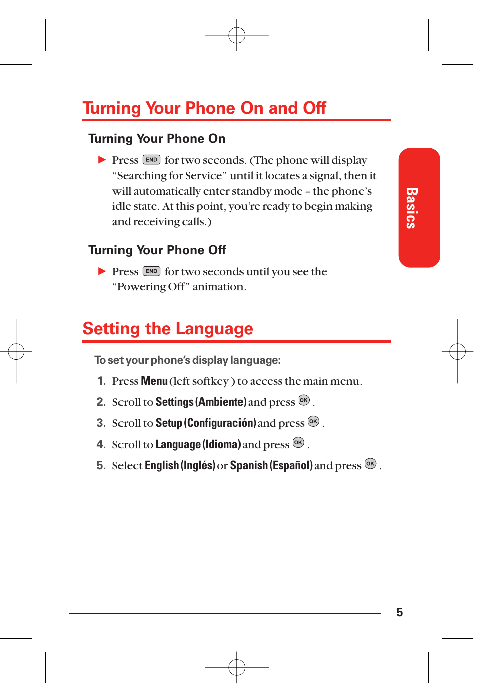Turning your phone on and off, Setting the language, Basics | LG Sti User Manual | Page 11 / 40