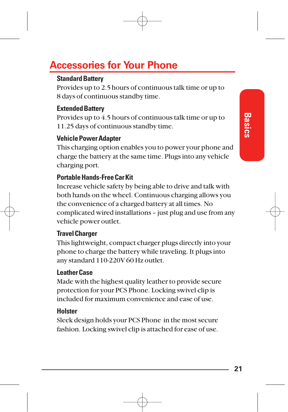 Accessories for your phone, Basics | LG Sti User Manual | Page 27 / 40