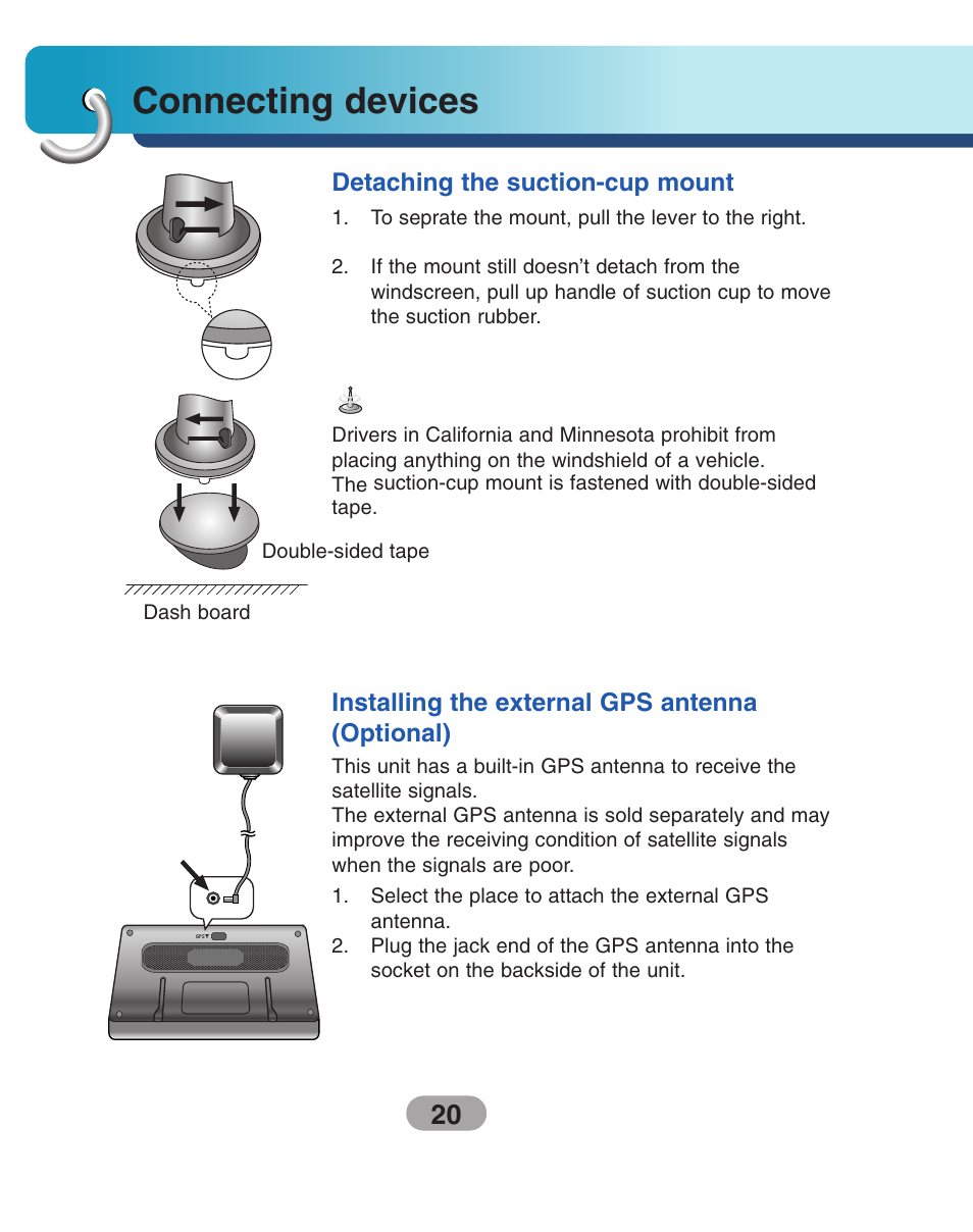 Detaching the suction-cup mount, Installing the external gps antenna(optional), Connecting devices | LG LN730Series User Manual | Page 20 / 76