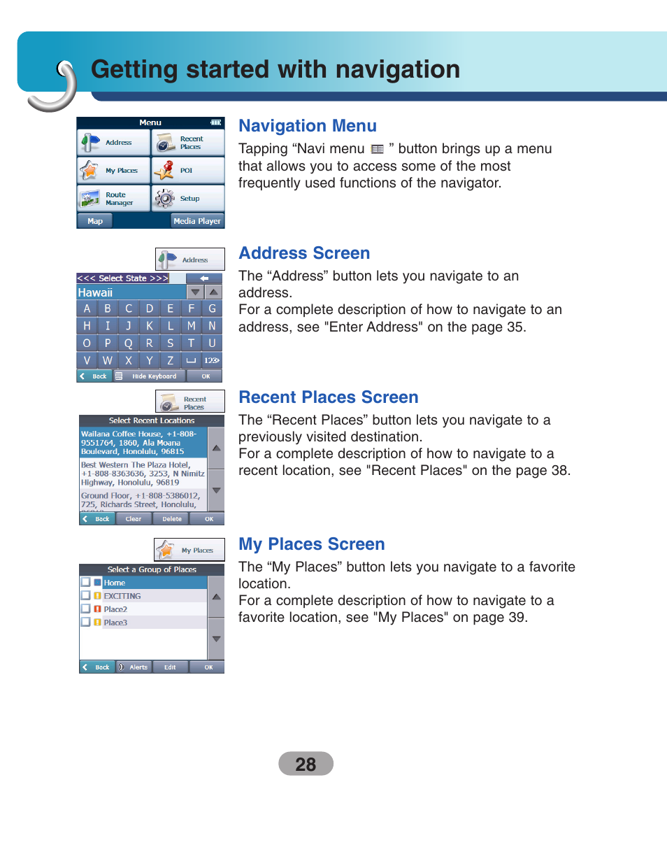 Getting started with navigation, Navigation menu, Address screen | Recent places screen, My places screen | LG LN730Series User Manual | Page 28 / 76