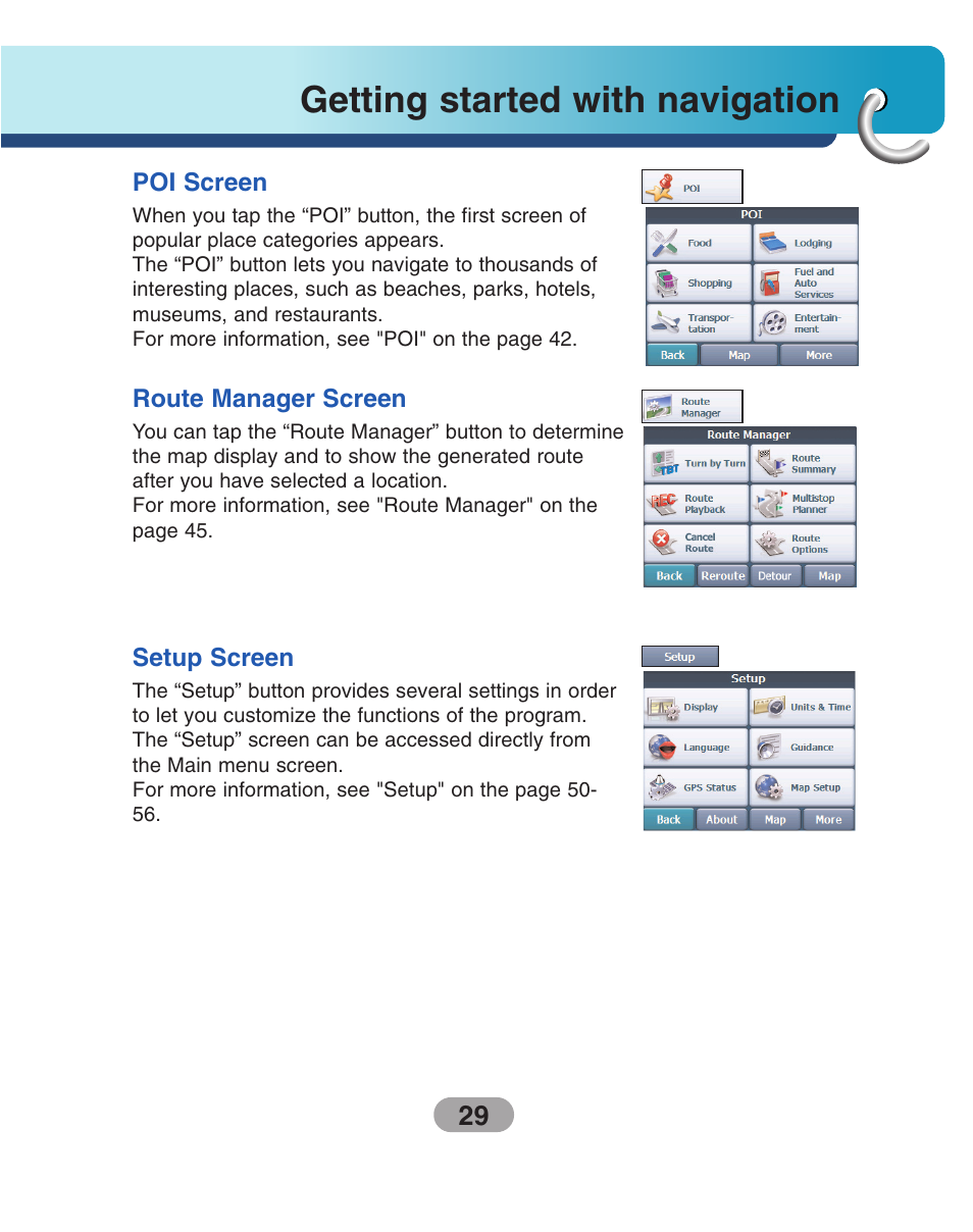 Poi screen, Route manager screen, Setup screen | Getting started with navigation | LG LN730Series User Manual | Page 29 / 76