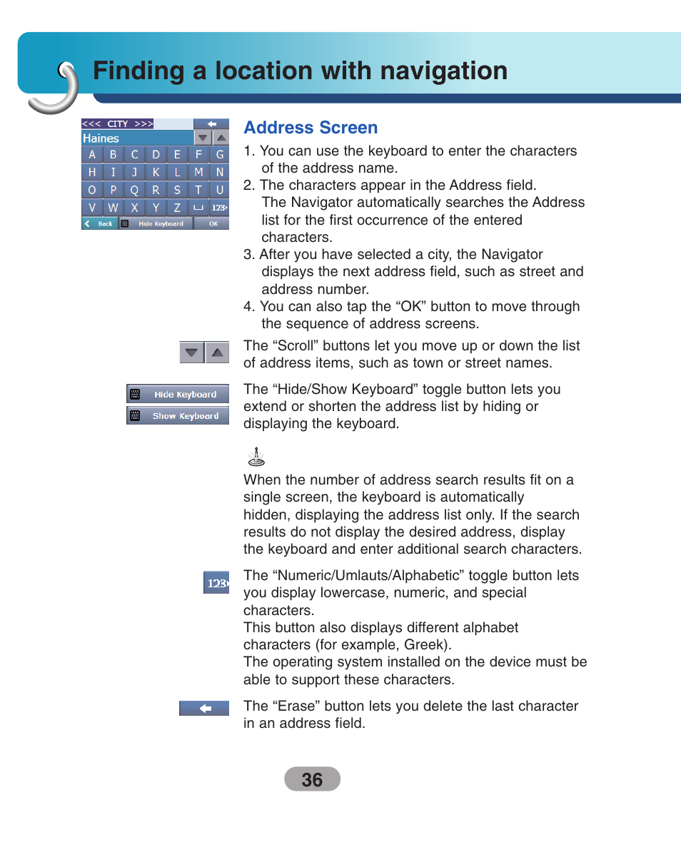Finding a location with navigation, Address screen | LG LN730Series User Manual | Page 36 / 76