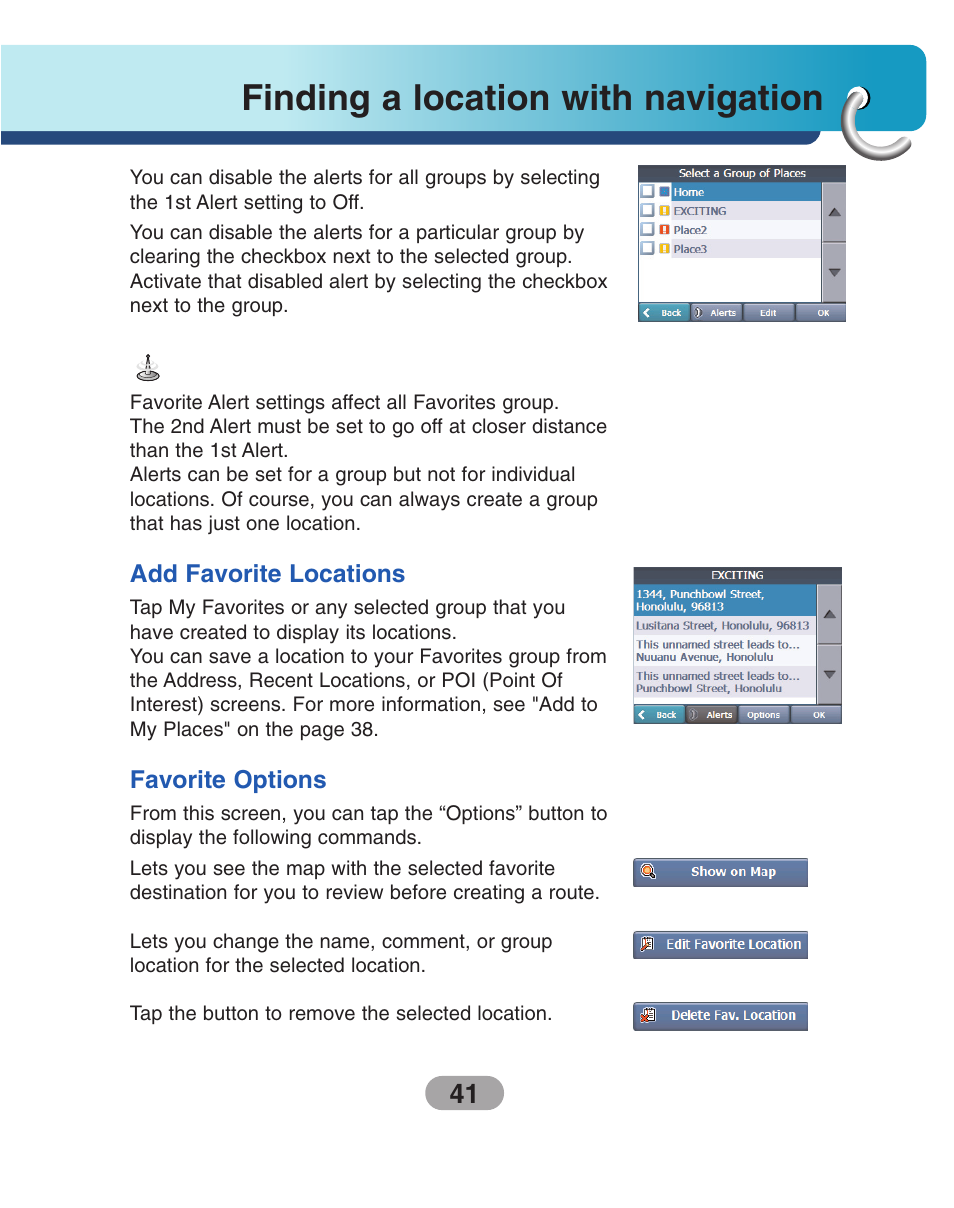 Add favorite locations, Favorite options, Finding a location with navigation | LG LN730Series User Manual | Page 41 / 76