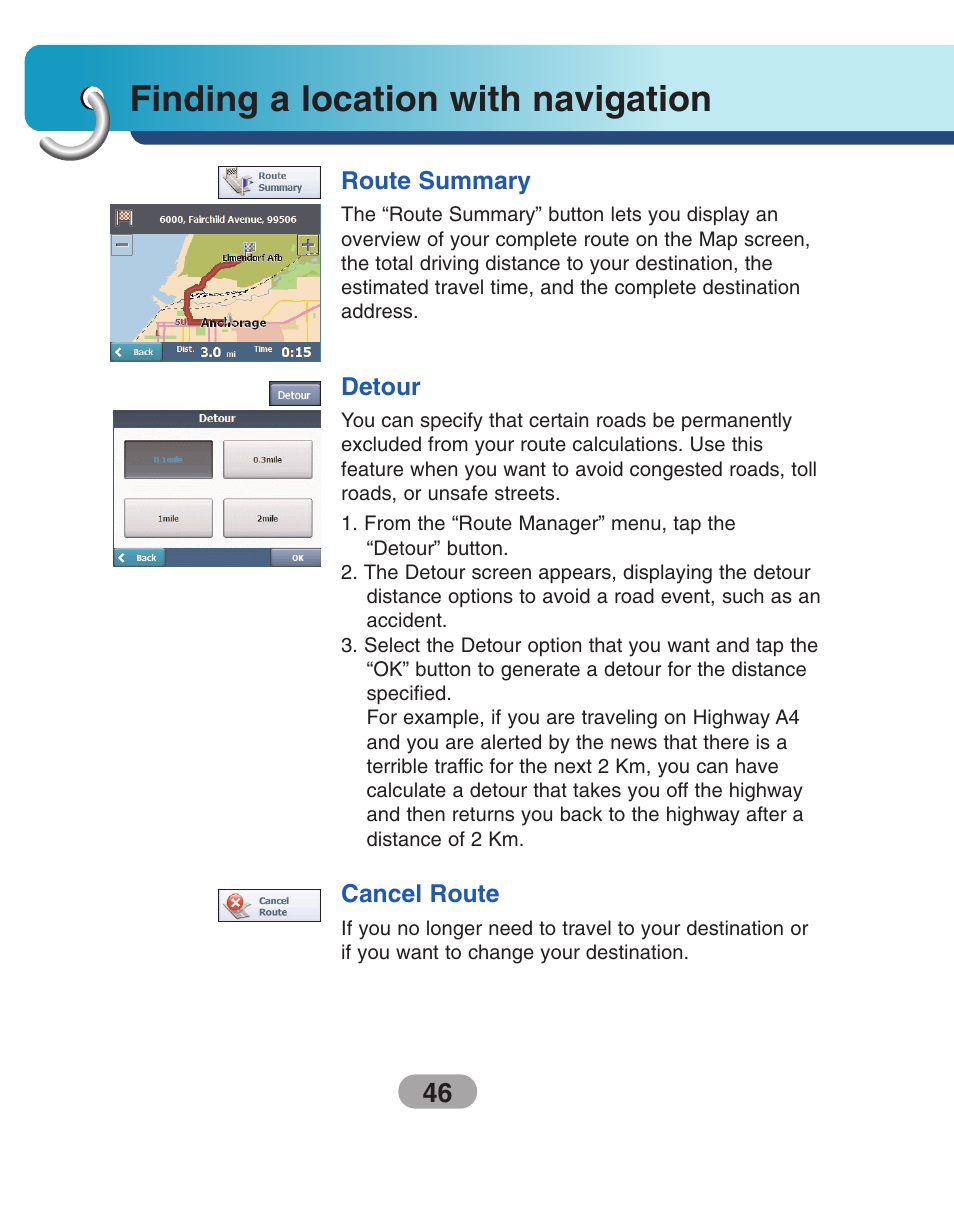 Route summary, Detour, Cancel route | Finding a location with navigation | LG LN730Series User Manual | Page 46 / 76