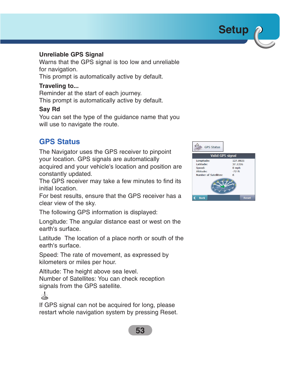Gps status, Setup | LG LN730Series User Manual | Page 53 / 76