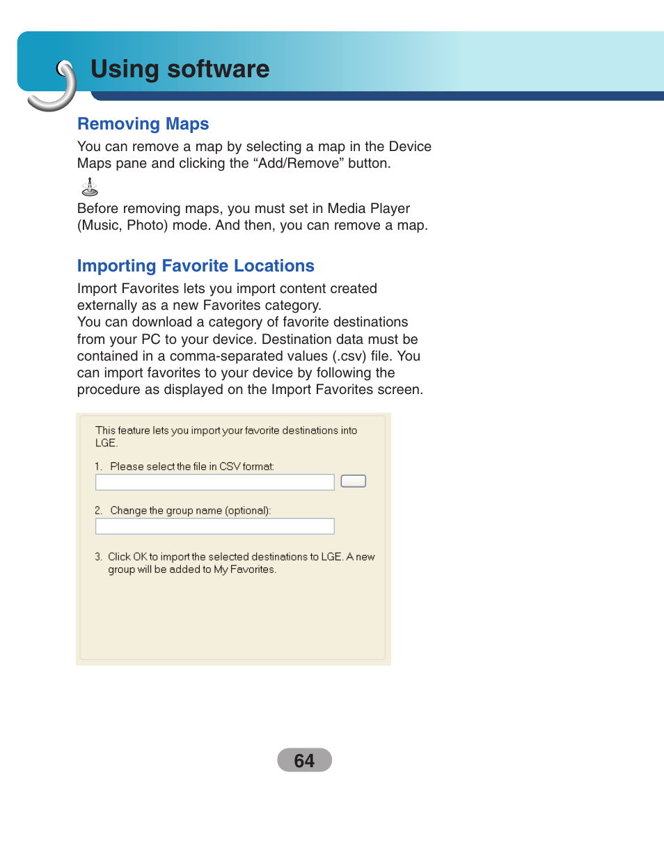 Removing maps, Importing favorite locations, Using software | LG LN730Series User Manual | Page 64 / 76