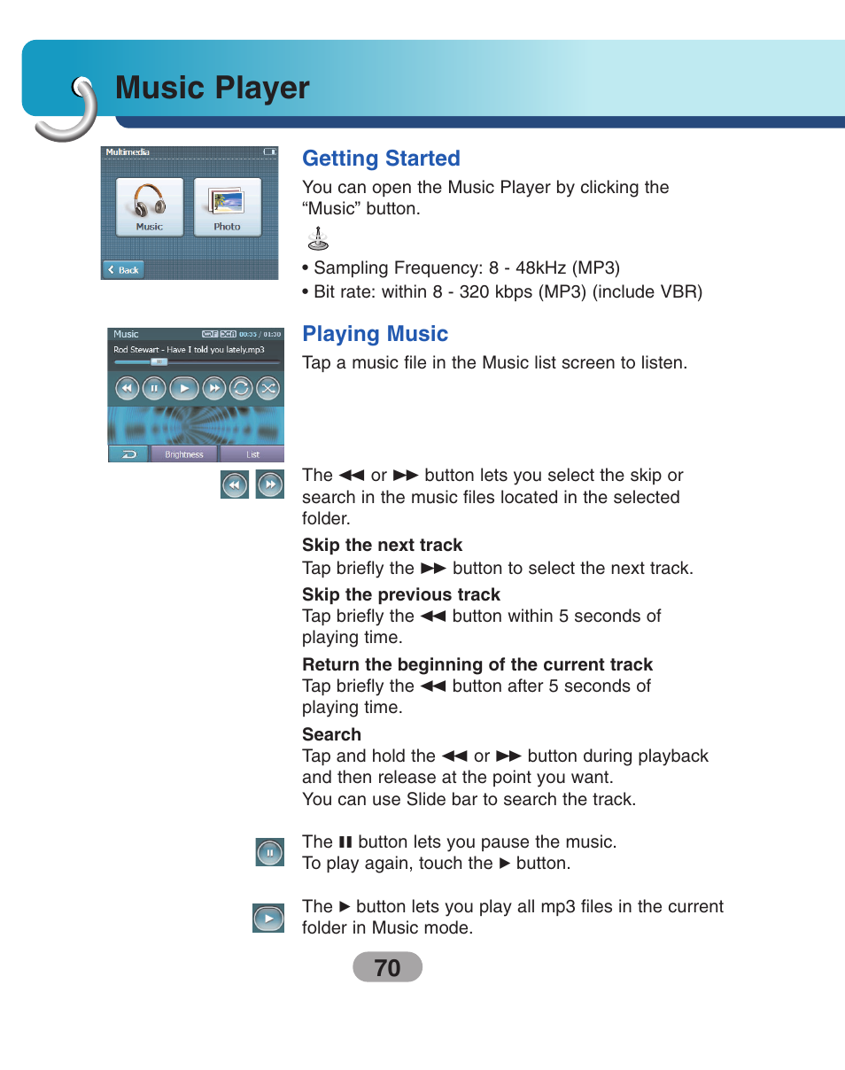Music player, Getting started, Playing music | LG LN730Series User Manual | Page 70 / 76