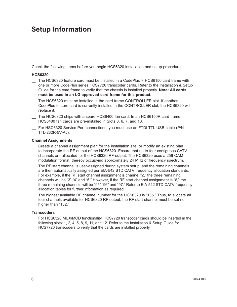 Setup information | LG CodePlus MUX/MOD Feature Card HCS6320 User Manual | Page 6 / 52