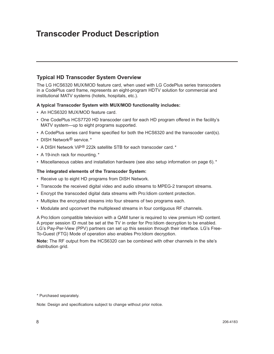 Transcoder product description | LG CodePlus MUX/MOD Feature Card HCS6320 User Manual | Page 8 / 52