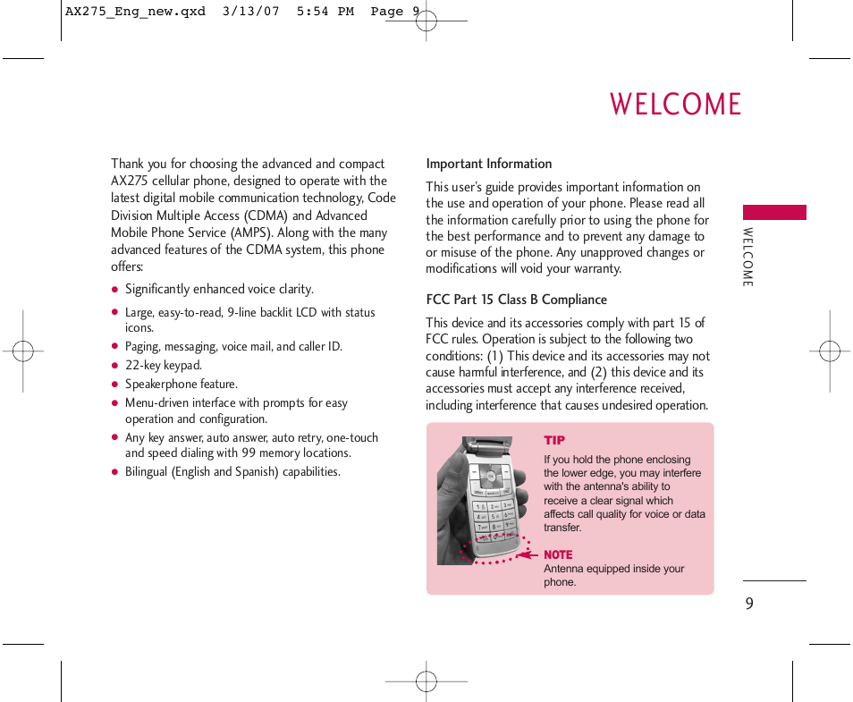 Welcome | LG AX275 User Manual | Page 11 / 99