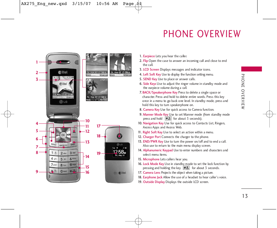 Phone overview | LG AX275 User Manual | Page 15 / 99