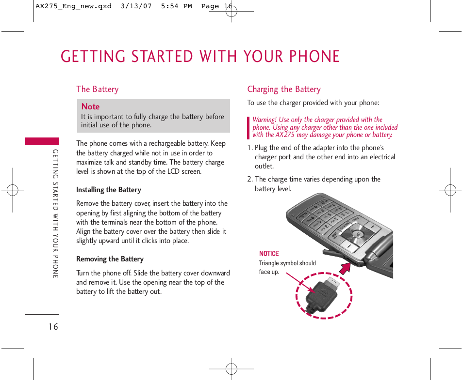 Getting started with your phone | LG AX275 User Manual | Page 18 / 99