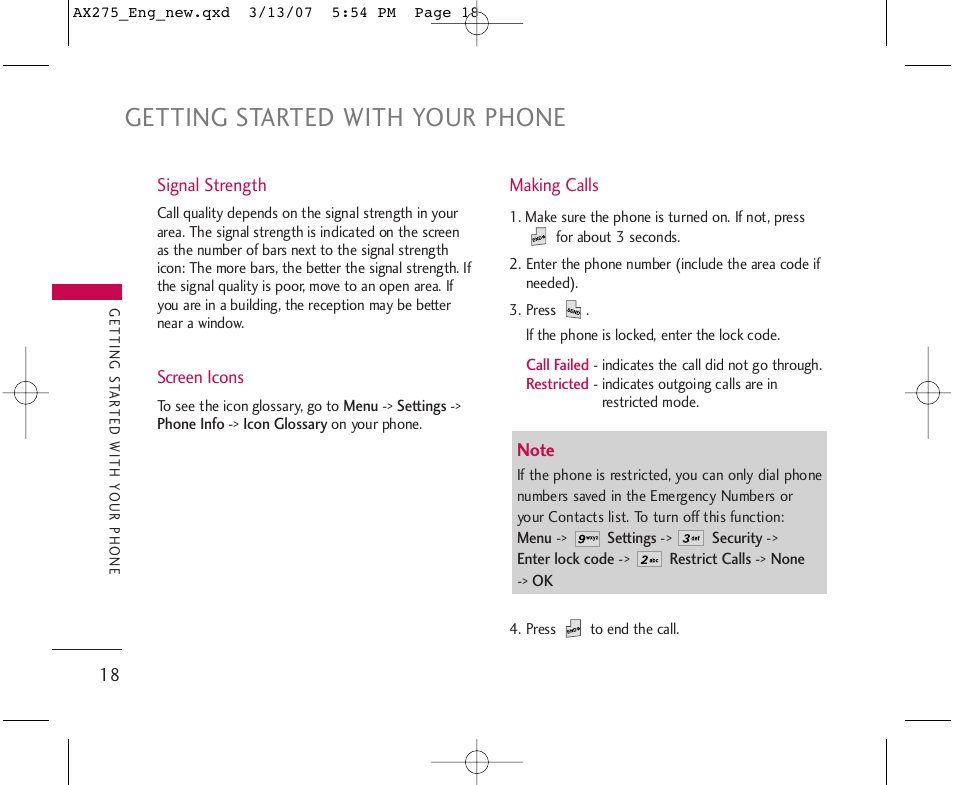 Getting started with your phone | LG AX275 User Manual | Page 20 / 99