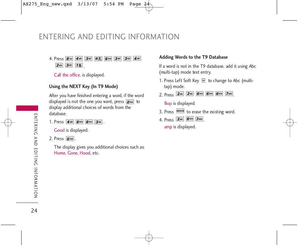 Entering and editing information | LG AX275 User Manual | Page 26 / 99