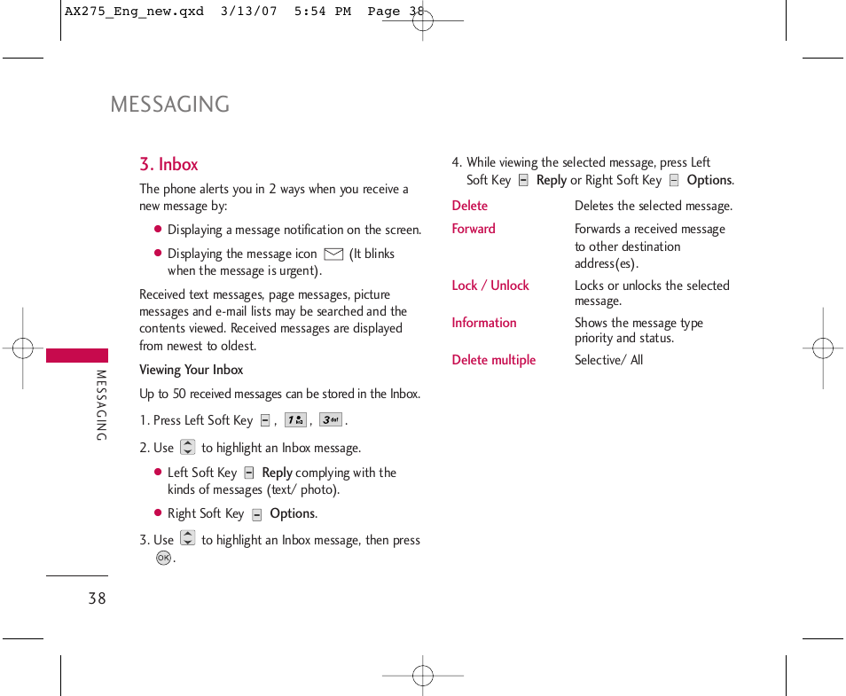 Messaging, Inbox | LG AX275 User Manual | Page 40 / 99