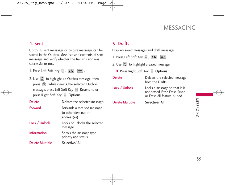 Messaging, Sent, Drafts | LG AX275 User Manual | Page 41 / 99