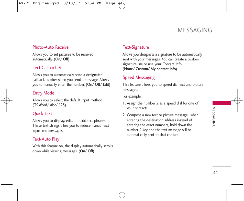 Messaging | LG AX275 User Manual | Page 43 / 99