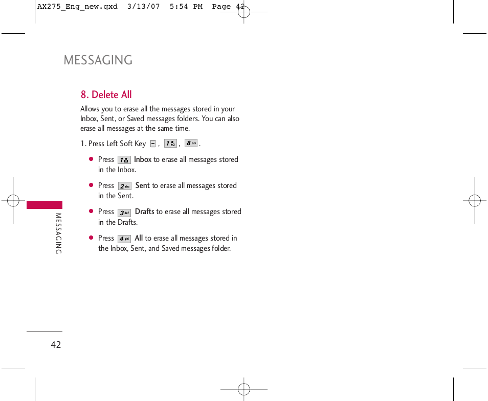 Messaging, Delete all | LG AX275 User Manual | Page 44 / 99