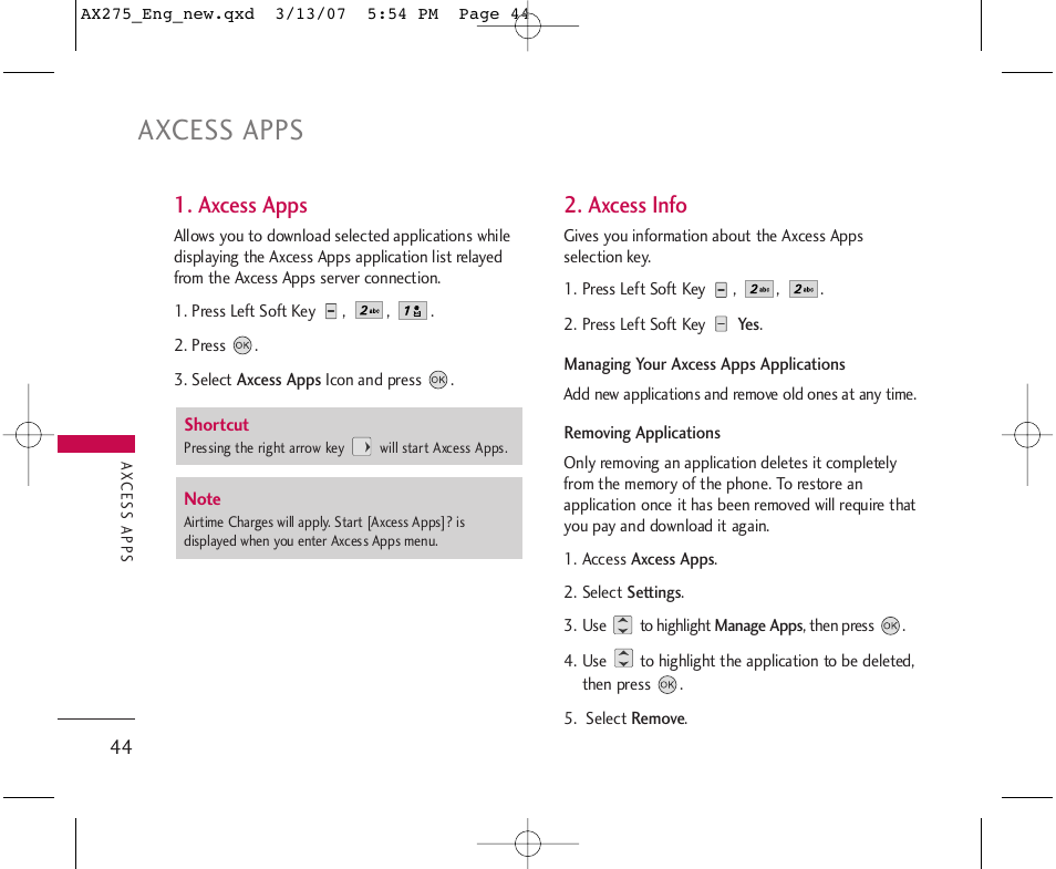 Axcess apps, Axcess info | LG AX275 User Manual | Page 46 / 99