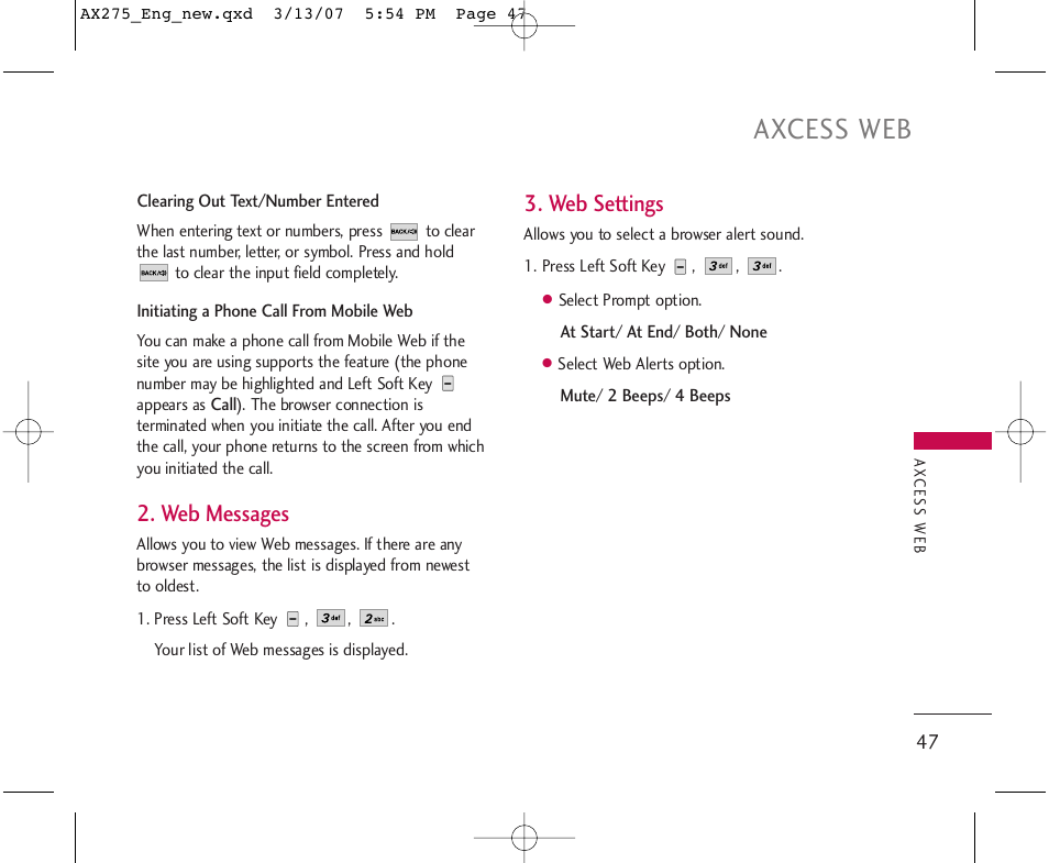 Axcess web, Web messages, Web settings | LG AX275 User Manual | Page 49 / 99