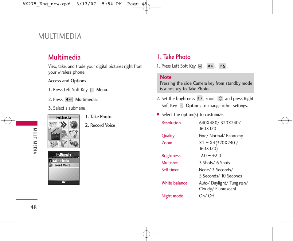 Multimedia, Take photo | LG AX275 User Manual | Page 50 / 99